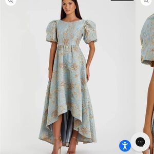 NWT Mac Duggal Platinum Blue Gold   Brocade 11608 Puff Sleeve Hi Lo Gown 4